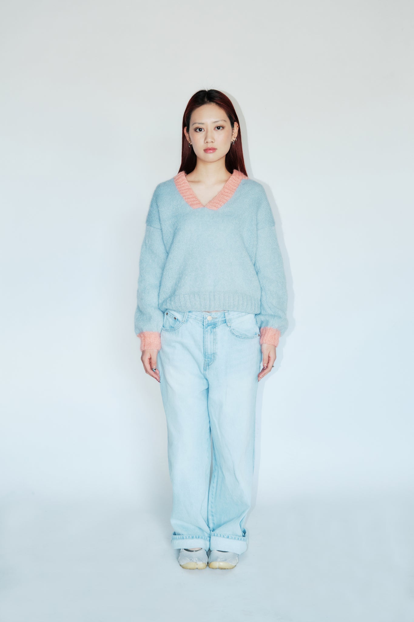 Mohair V-Neck Sweater in Sky and Coral